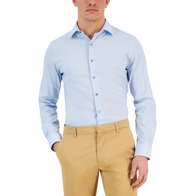 Alfani Mens Slim Fit Herringbone Button Down Shirt Light Blue 14 14.5 32 33