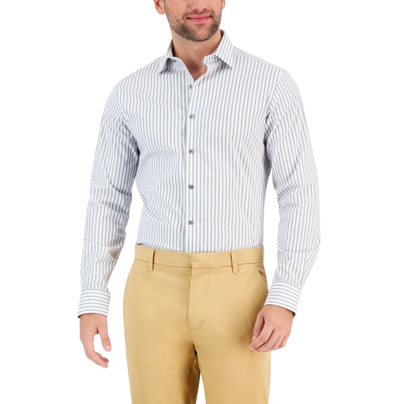 Alfani Mens Slim Fit Quad Stripe Button Down White Blue 14 14.5 32 33