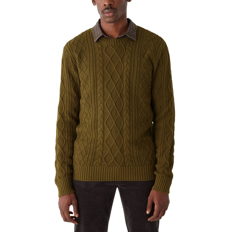 Frank And Oak Mens Classic Fit Cable Knit Crewneck Sweater Olive Green Large