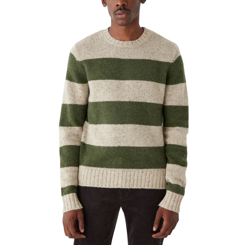 Frank And Oak Mens Striped Crewneck Long Sleeve Sweater Forest Green Beige Large