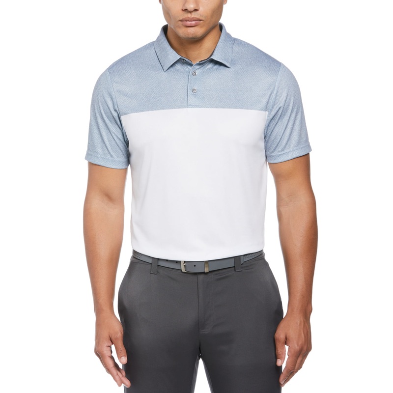 PGA TOUR Mens Athletic Fit Birdseye Block Print Polo Shirt Blue White Small