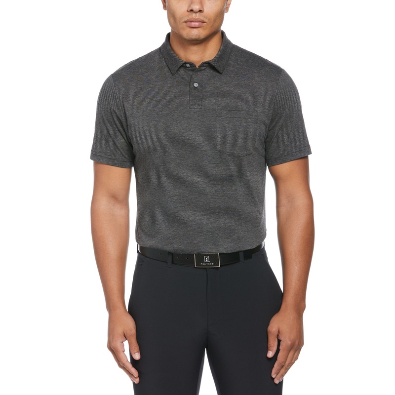 PGA TOUR Mens Eco Fine Line Short Sleeve Polo Shirt Caviar Heather Black Small