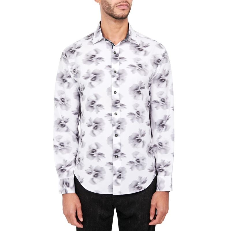Society of Threads Mens Regular Fit Floral Button Down Shirt White Small
