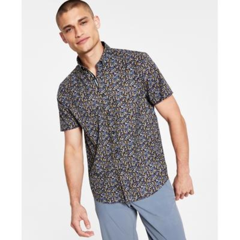 Society of Threads Mens Slim Fit Short Sleeve Button Down Shirt Black Small