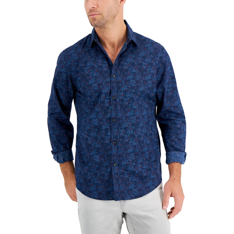 Alfani Mens Entour Leaf Print Button Down Shirt Neo Navy Blue Medium