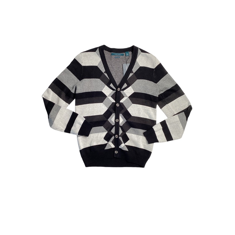 Perry Ellis Mens Button Down Cardigan Sweater Black Grey White Medium