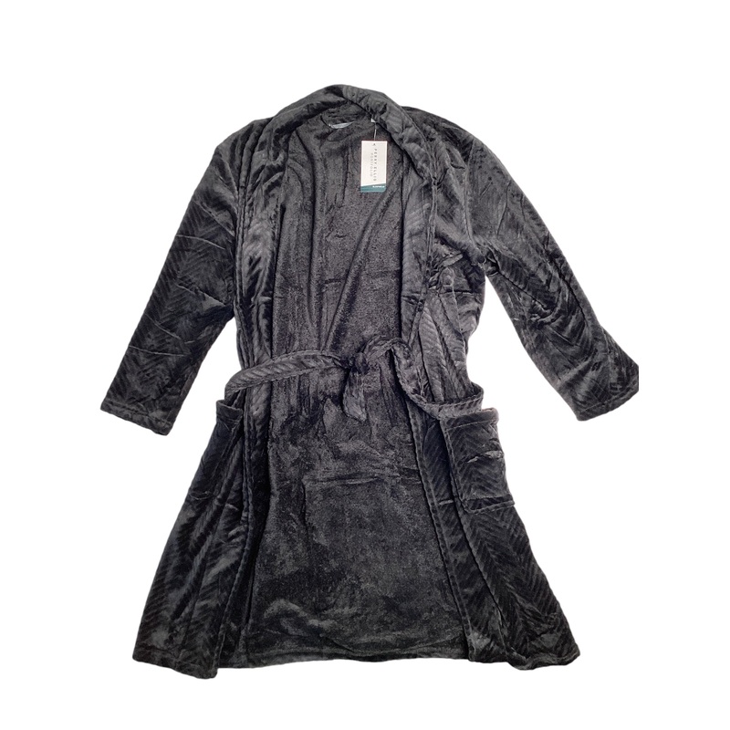 Perry Ellis Mens Herringbone Textured Fleece Robe Black