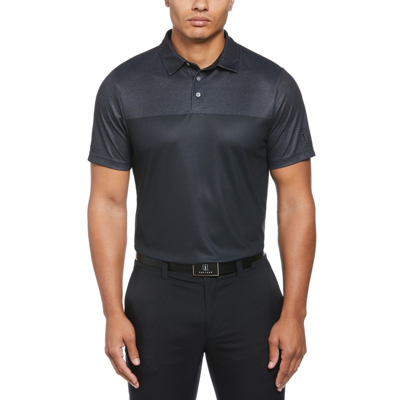 PGA Tour Men's Airflux Birdseye Block Print Golf Polo Shirt in Caviar Black small