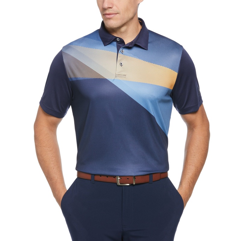 PGA TOUR Mens Athletic Fit Shadow Asymmectric Polo Shirt Peacoat Blue Small