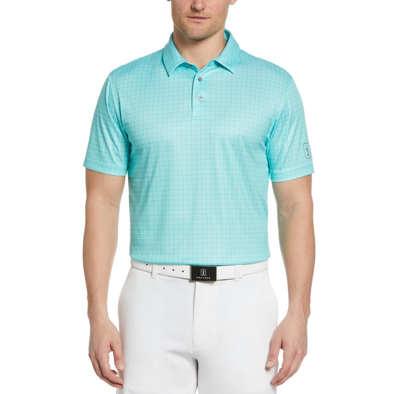 PGA TOUR Mens Check Print Short Sleeve Polo Shirt Cockatoo Light Blue Large