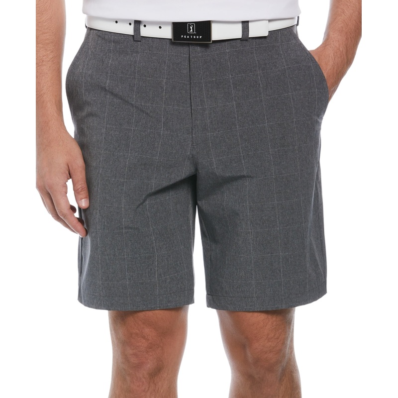 PGA TOUR Mens Flat Front Windowpane 9" Golf Shorts Plaid Grey Heather 40