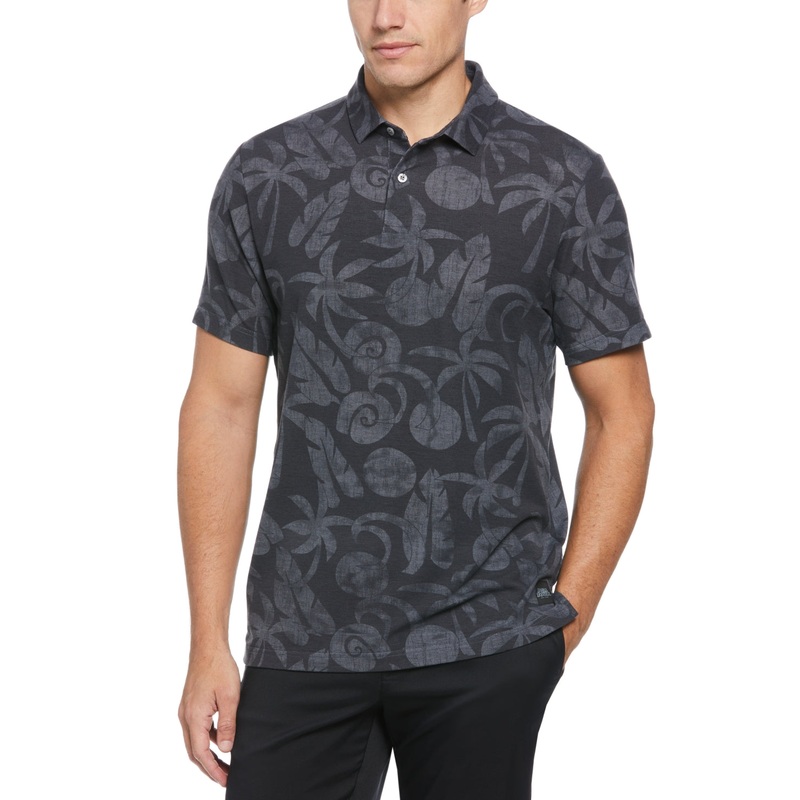 PGA Tour Mens Short Sleeve Polo Shirt Tropical Print Grey Art Medium
