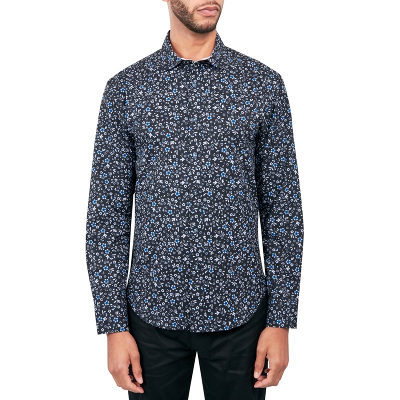 Society of Threads Mens Regular Fit Button Down Shirt Printed Black Large