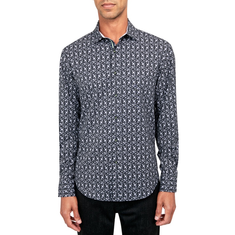 Society of Threads Mens Regular Fit Button Down Shirt Printed Black XL