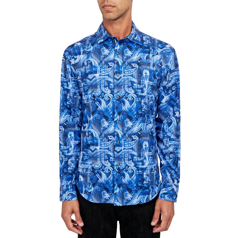 Society of Threads Mens Regular Fit Button Down Shirt Printed  Per Blue Large