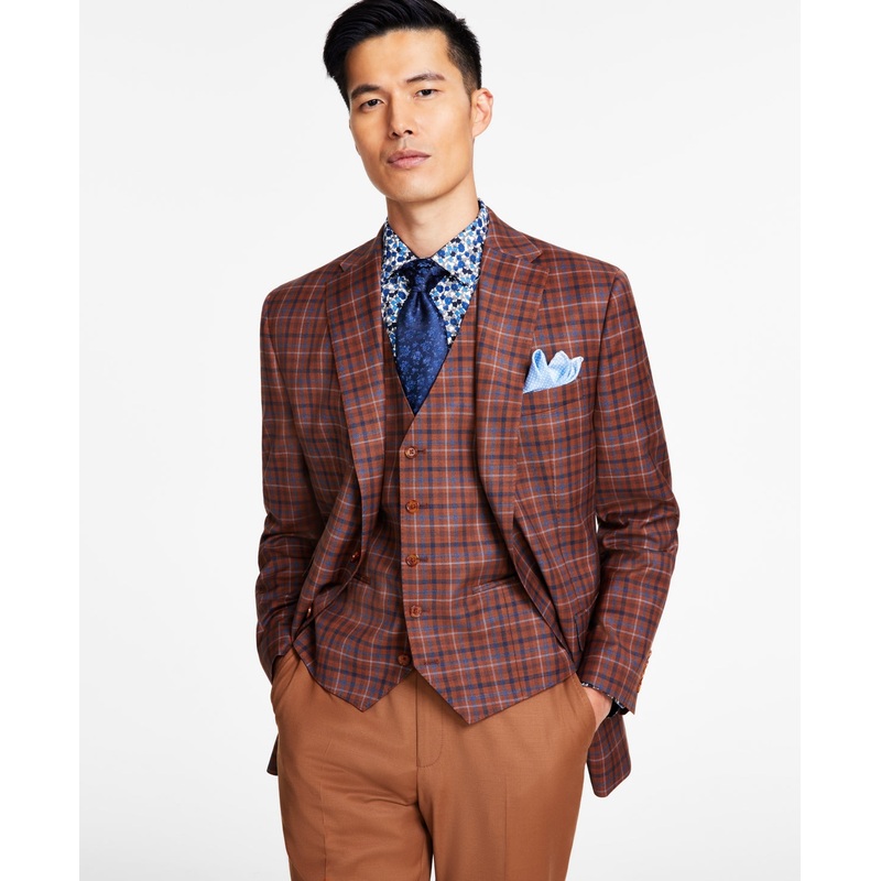 Tayion Collection Mens Classic Fit Suit Jacket Brown Blue Plaid 44S