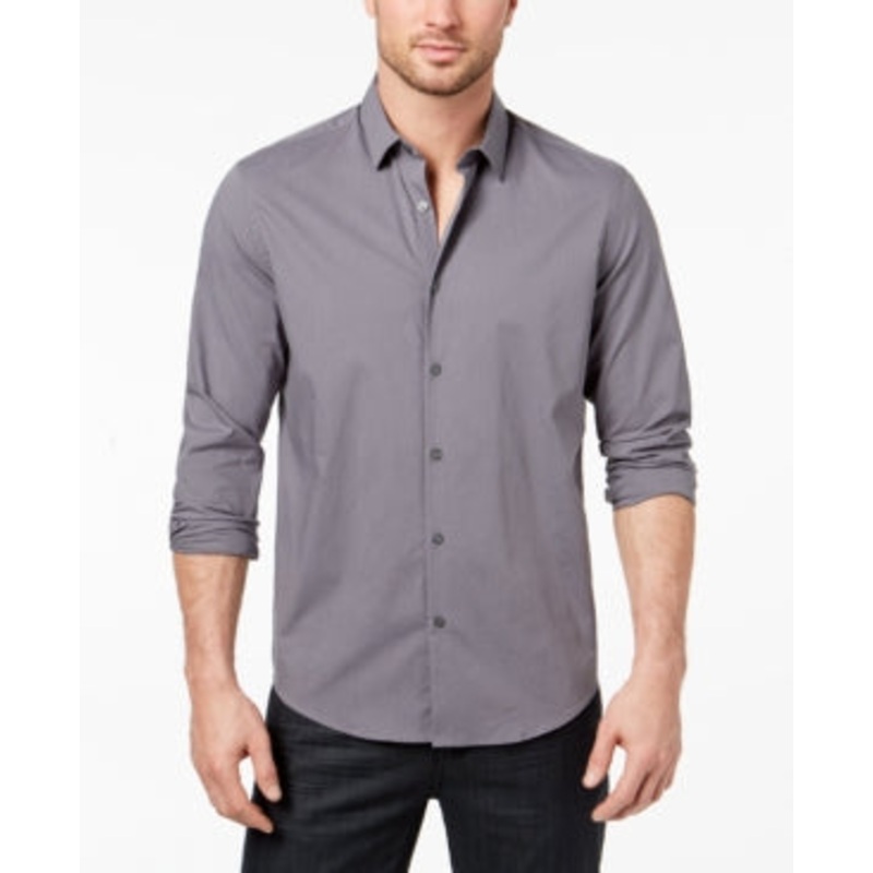 Alfani Mens Modern Solid Button Down Shirt Grey Large