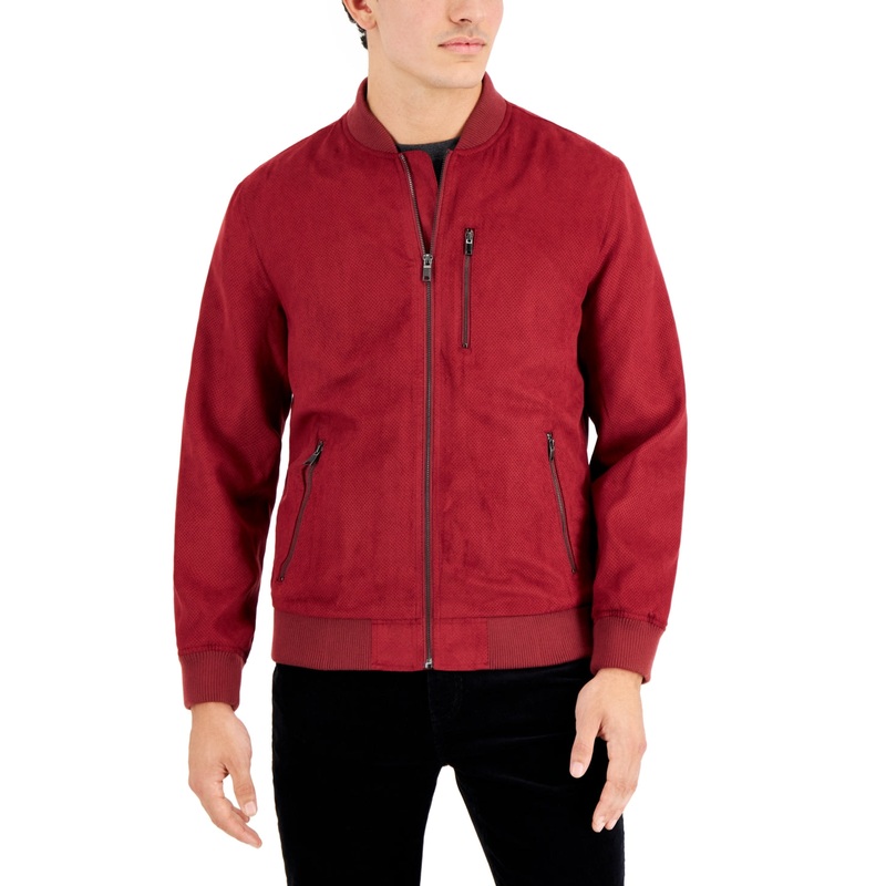 Alfani Mens Perforated Faux Suede Bomber Jacket Coat Red Large
