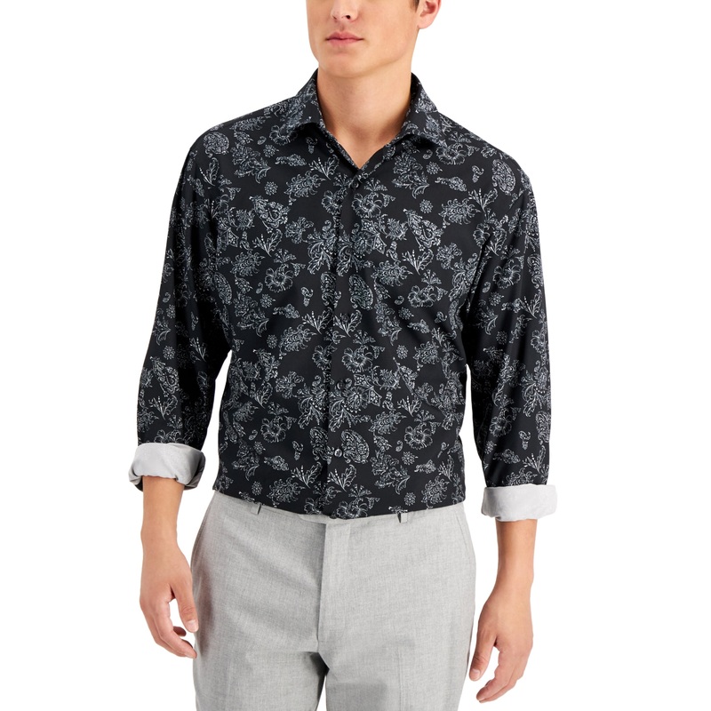 Alfani Mens Toletto Floral Button Down Dress Shirt Black White 17 17.5 36 37