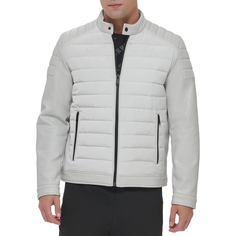 DKNY Mens Mixed Media Quilted Racer Jacket Ice White 2XL XXL