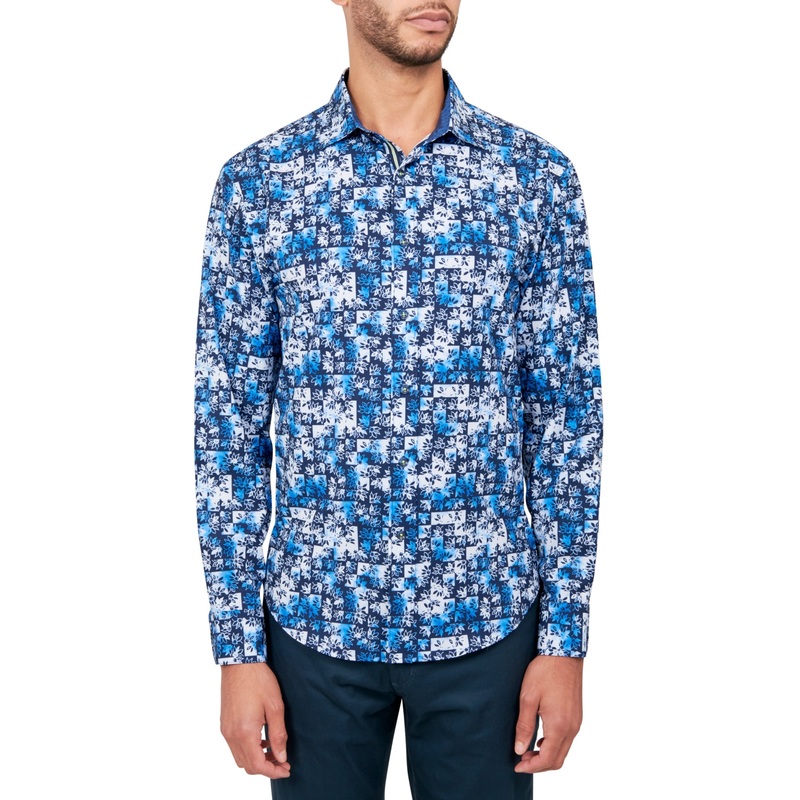 Society of Threads Mens Regular Fit Patchwork Print Button Down Shirt Blue Large