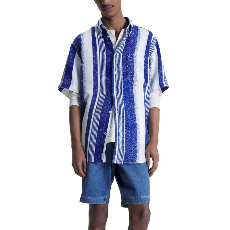 Tommy Hilfiger Mens Hand Painted Stripe Button Down Shirt Regency Blue Large