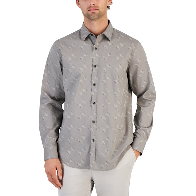 Alfani Men's Dot Wave Print Long Sleeve Button Up Shirt Grey XL