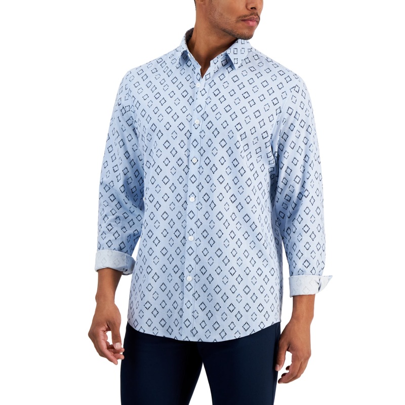 Alfani Mens Bachi Geo Print Button Down Shirt Croquis Blue Medium