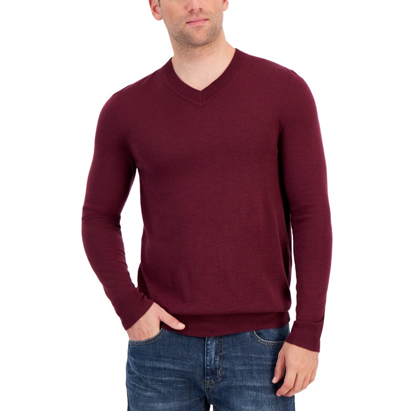 Alfani Mens Long Sleeve V Neck Sweater Maroon Banner Red 2XL
