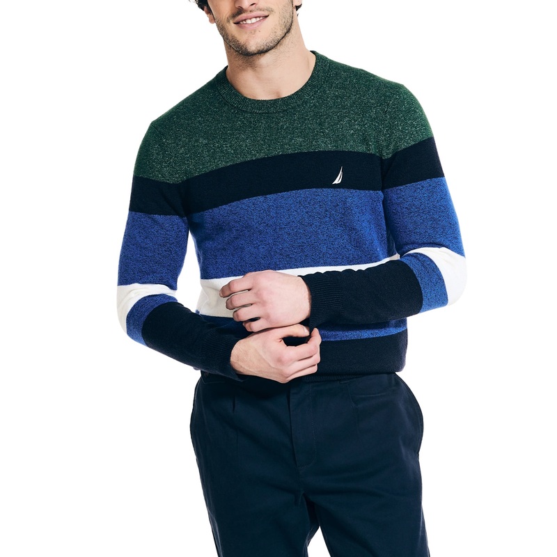 Nautica Mens Textured Striped Crewneck Sweater Navy Seas Blue Medium