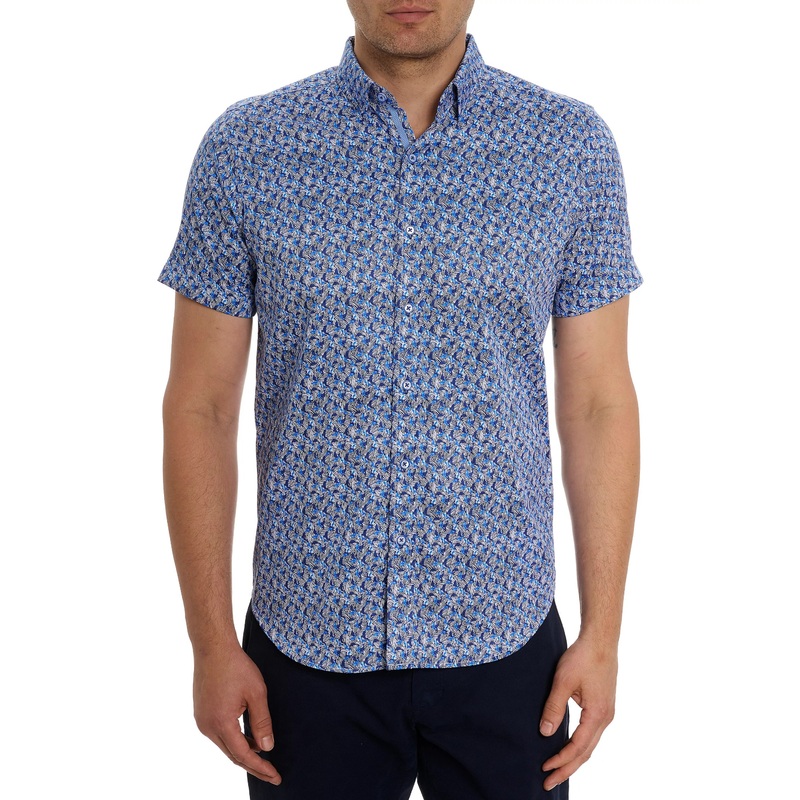 Robert Graham Mens Wade Abstract Cotton Short Sleeve Button Shirt Small Blue
