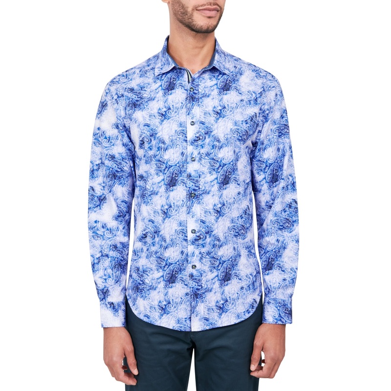 Society of Threads Men's Regular Fit Button Down Shirt Blue Paisley Small
