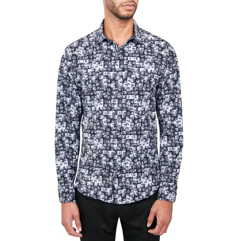 Society of Threads Mens Regular Fit Button Down Shirt Black White Medium