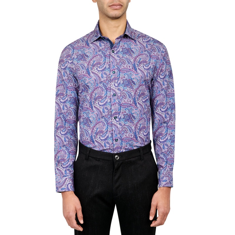 Society of Threads Mens Slim Fit Paisley Button Down Shirt Purple 15 15.5 33 34