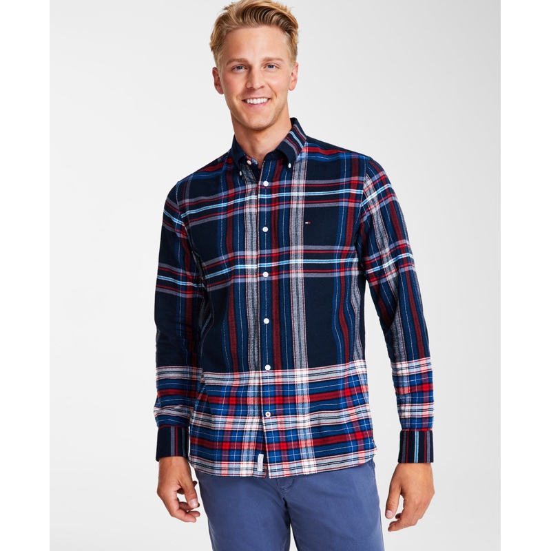 Tommy Hilfiger Men's Gradient Check Button Down Shirt Deep Indigo Blue XXL