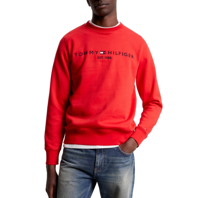 Tommy Hilfiger Mens Embroidered Logo Fleece Crewneck Sweatshirt Red Small