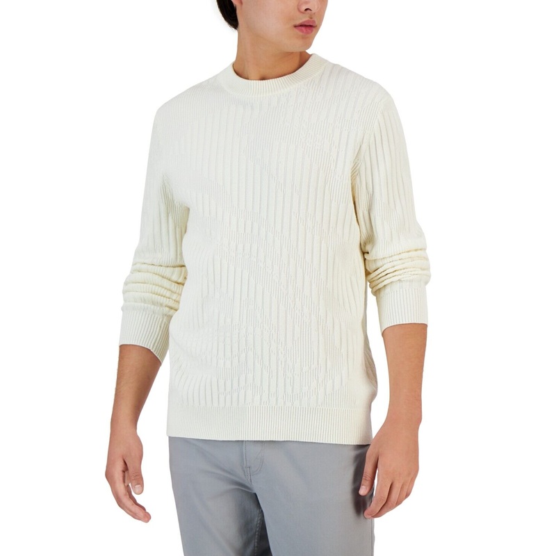 Alfani Men's Ribbed Marble Crewneck Sweater Vanilla Ice XL