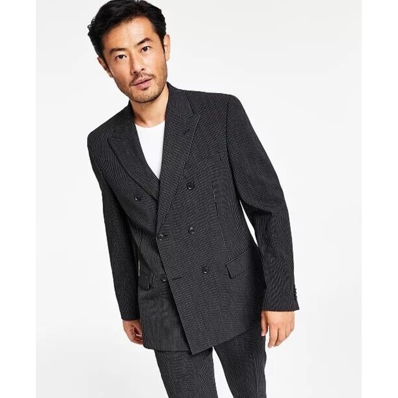 ALFANI Men's Slim-Fit Double-Breasted Pinstripe Suit Jacket 42L Black