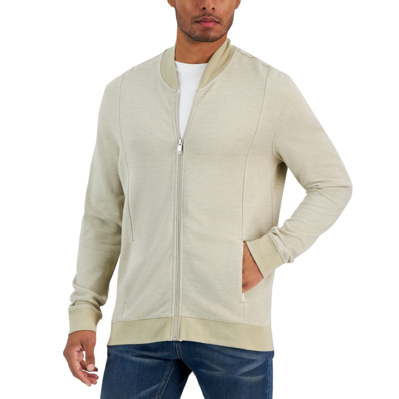 Alfani Mens Full Zip Sweater Twill Combo Beige Small