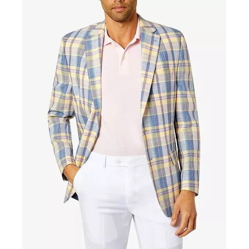 CLUB ROOM Men's Classic-Fit Plaid Linen Sport Coat Yellow Blue 46R