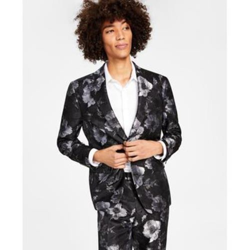 INC International Concepts Mens Slim Fit Suit Jacket Floral Jacquard Black Small
