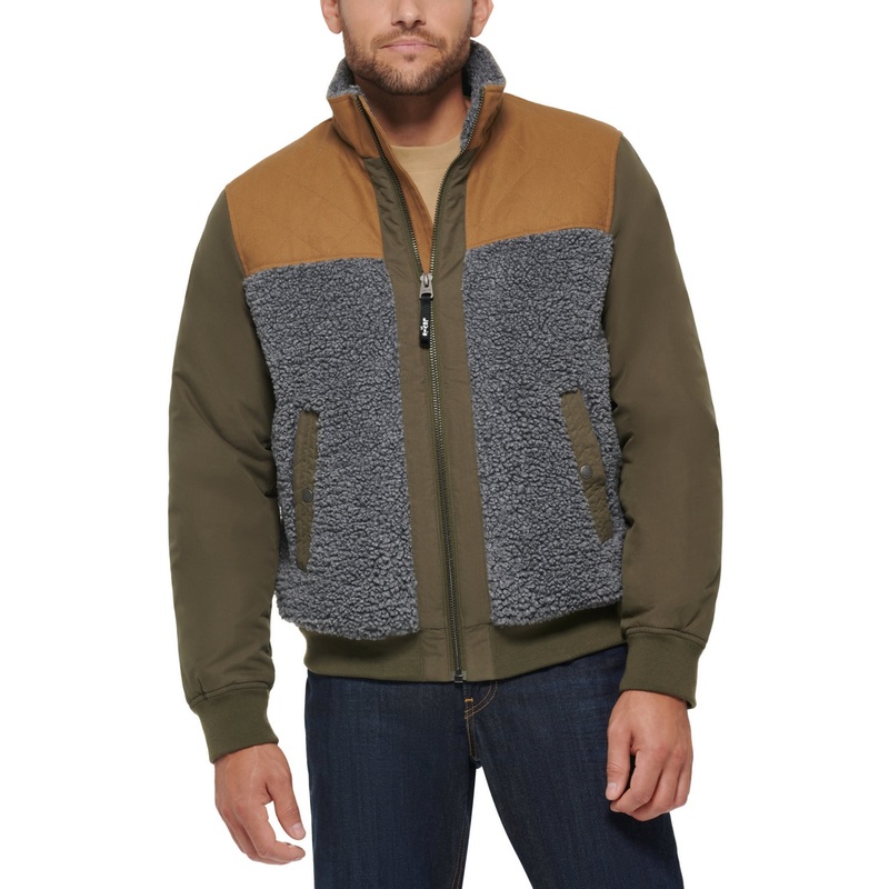 Levis Mens Mixed Media Sherpa Bomber Jacket Coat Olive Green Brown XL
