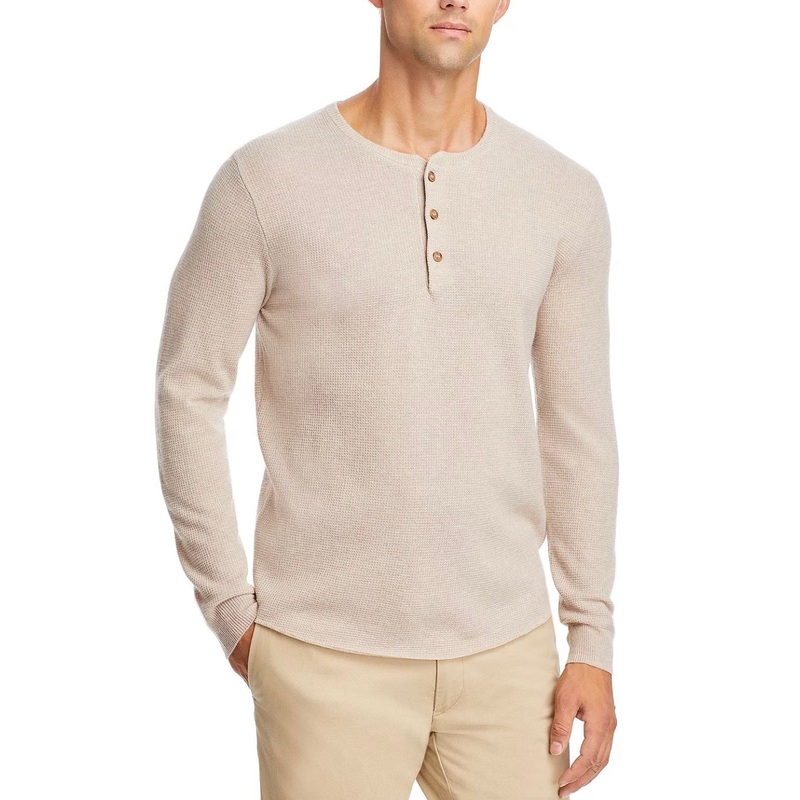 Marine Layer Mens Waffle Knit Merino Wool Blend Henley Sweater Oyster Beige