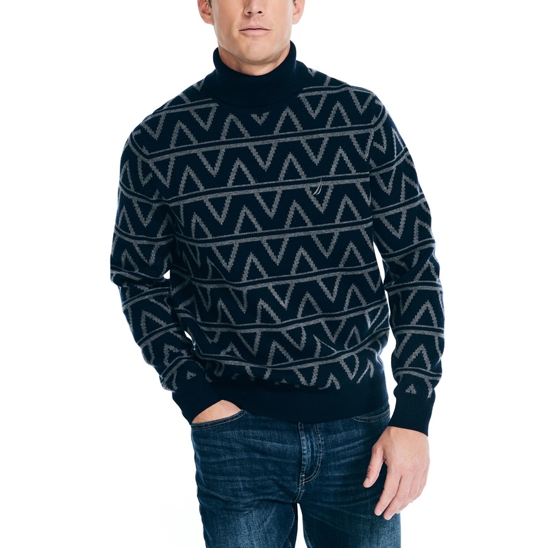 Nautica Mens Jacquard Turtleneck Sweater Navy Seas Blue Multi Medium