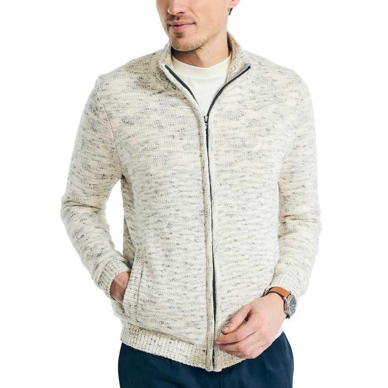 Nautica Mens Marled Full Zip Sweater Marshmallow White Grey XL