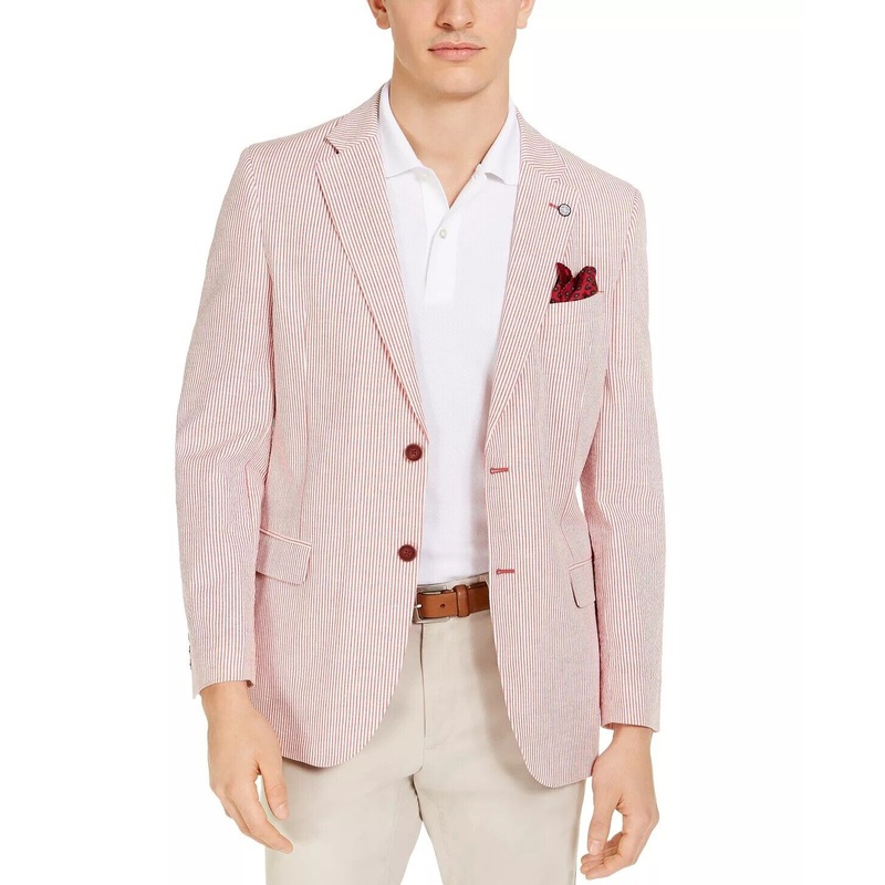 Nautica Mens Modern-Fit Stretch Stripe Seersucker Sport Coat Red White 40R