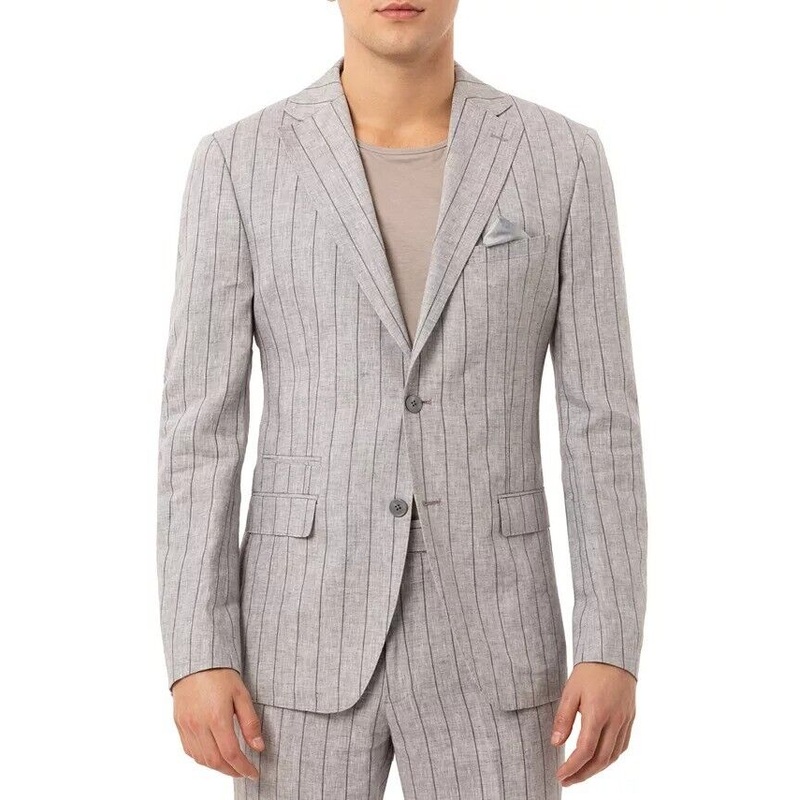 TALLIA Men's Slim-Fit Wide Stripe Light Gray Linen Suit Jacket 42S Sport Coat