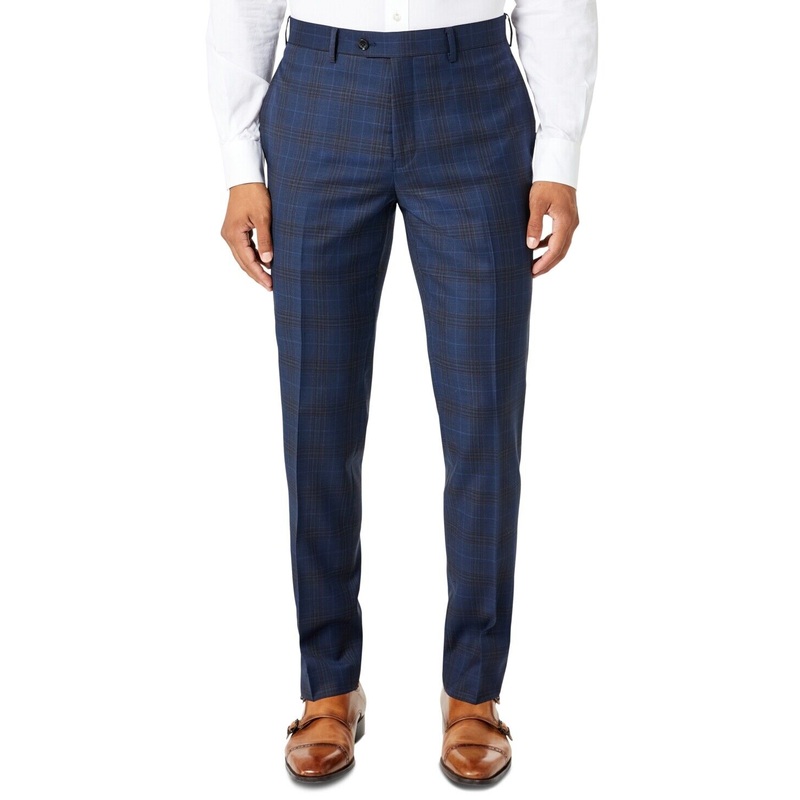 Tallia Mens Slim-Fit Plaid Suit Pants Navy brown 34 x 30