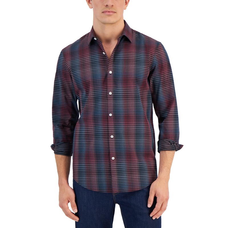 Alfani Men's Grad Plaid Yarn Dyed Long Sleeve Button Down Shirt Blue Black Large