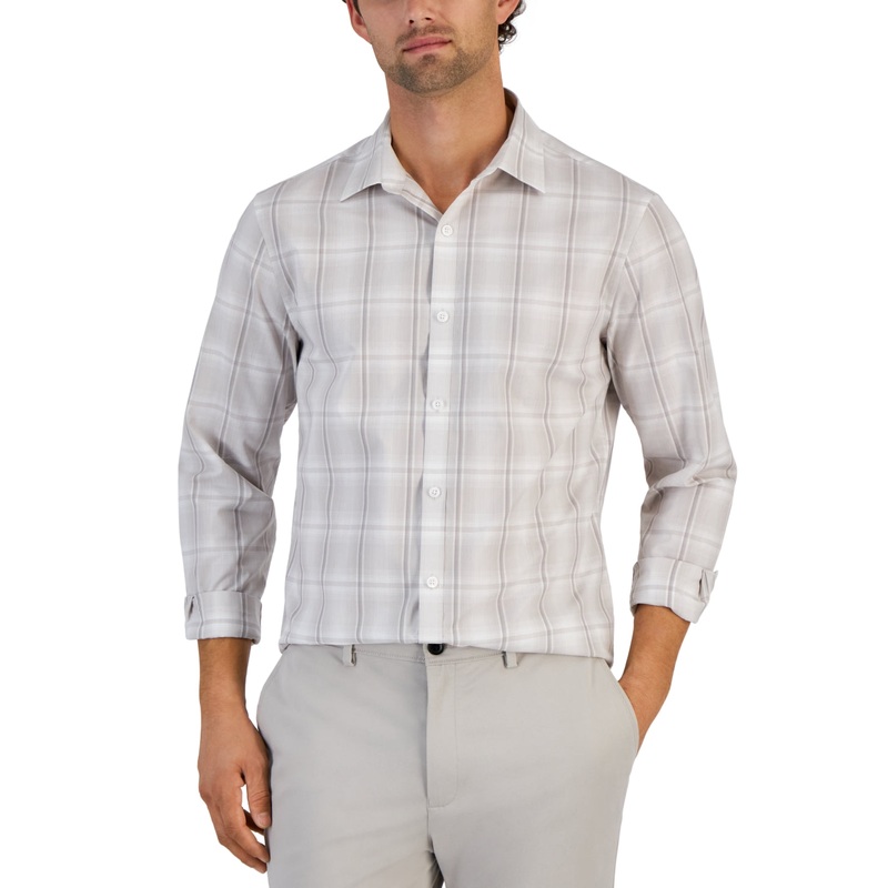 Alfani Men's Plaid Print Long Sleeve Button Down Shirt London Plane Grey XL